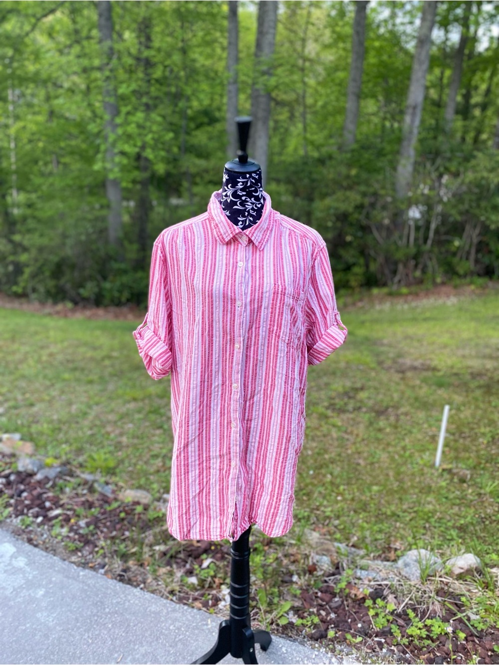 Woman Within Pink & White Striped Button Up Oversized Shirt Size 1X - Picture 3 of 12
